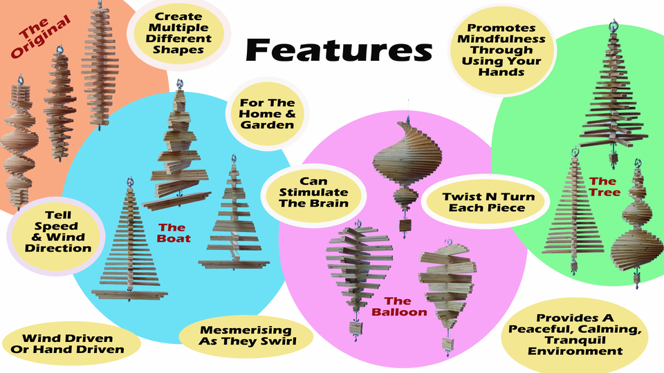 Image showcases 4 Swirliez wood spinners that can be twisted and turned into multiple creative shapes. Displays the features of why the wood spinners bring joy.